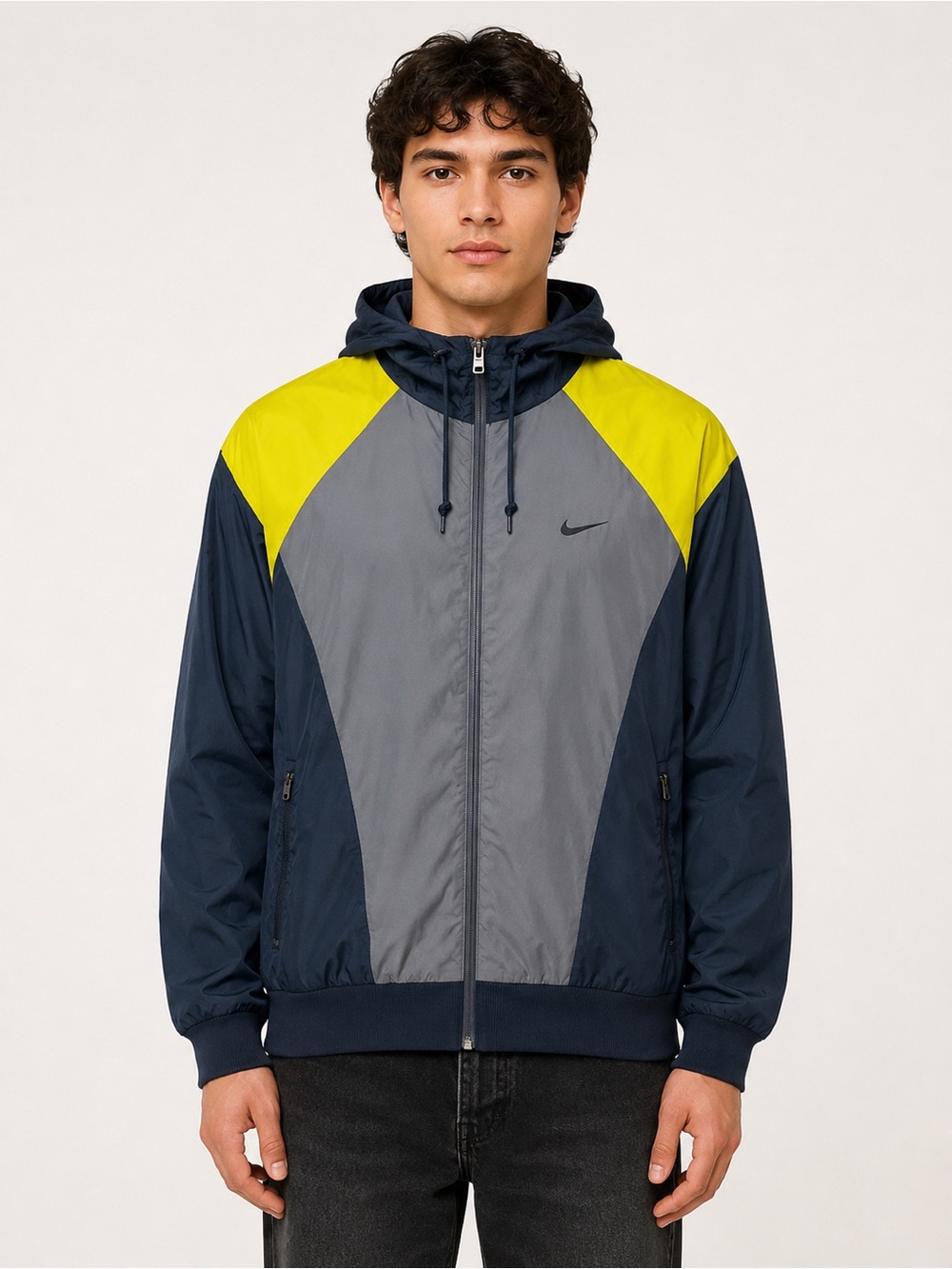 Nike Windbreaker Jacket Mens Large Navy Grey Neon Hooded Full Zip Y2K Colorblock